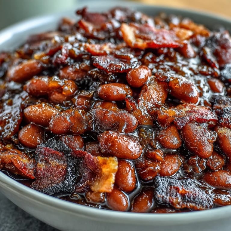 Classic summer BBQ side dish: tender beans baked with brown sugar, molasses, and thick-cut bacon.