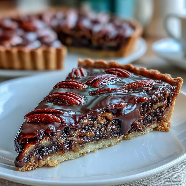 Southern-inspired chocolate and pecan tart, perfect for race day celebrations, with rich, gooey filling and crisp pastry shell.  