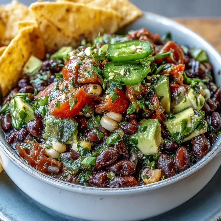 Colorful cowboy caviar dip featuring black beans, sweet corn, and fresh pico de gallo for a crowd-pleasing appetizer.