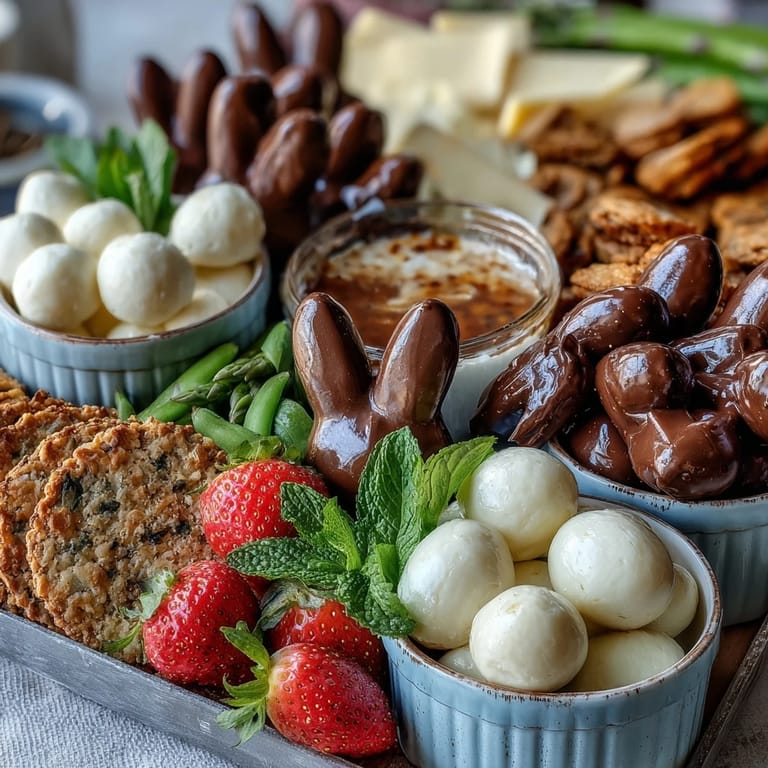 Festive mini Easter basket treat board featuring fresh mozzarella, strawberries, and bunny-shaped cookies, perfect for spring celebrations.