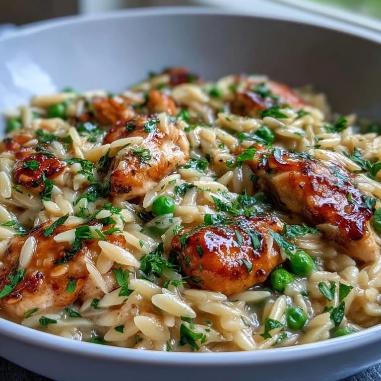 One-pot lemon orzo with chicken and peas, featuring tender chicken, bright citrus zest, and vibrant green peas in a creamy Parmesan sauce.
