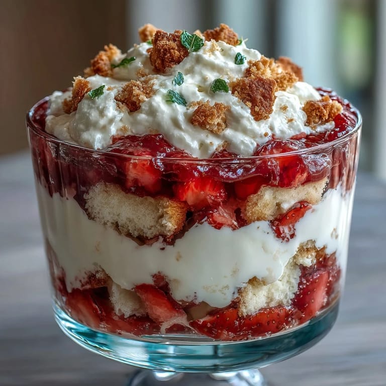 Layers of cake, strawberries, and cream create a delightful Strawberry Shortcake Trifle.