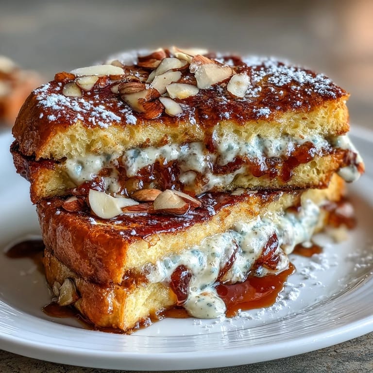 Decadent, crisp Almond Croissant French Toast served warm, dusted invitingly with sugar.