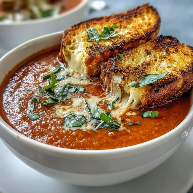 Melted cheese croutons top this rich, quick creamy tomato basil soup.