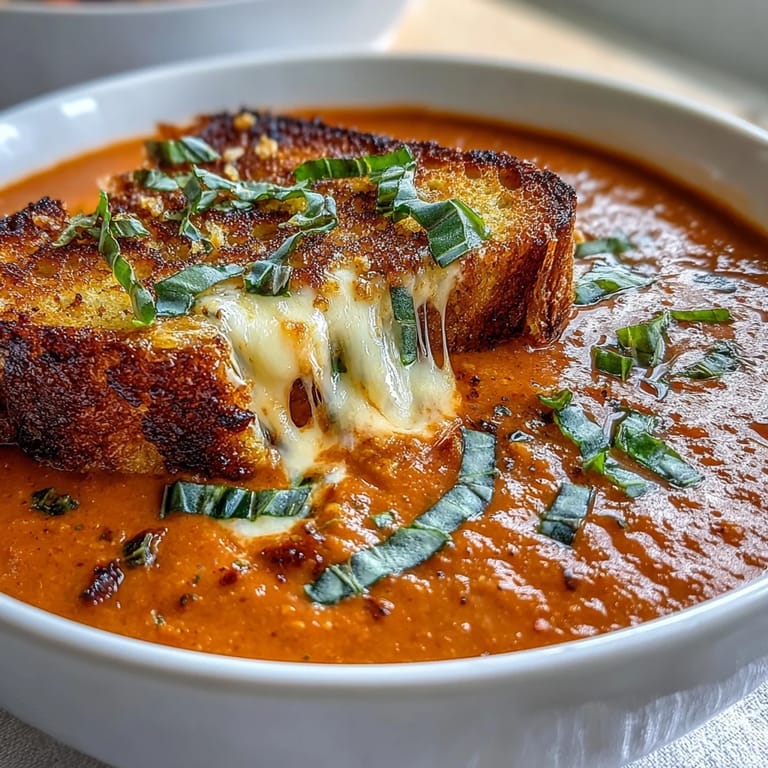 Savor this easy creamy tomato basil soup topped with savory grilled cheese cubes.