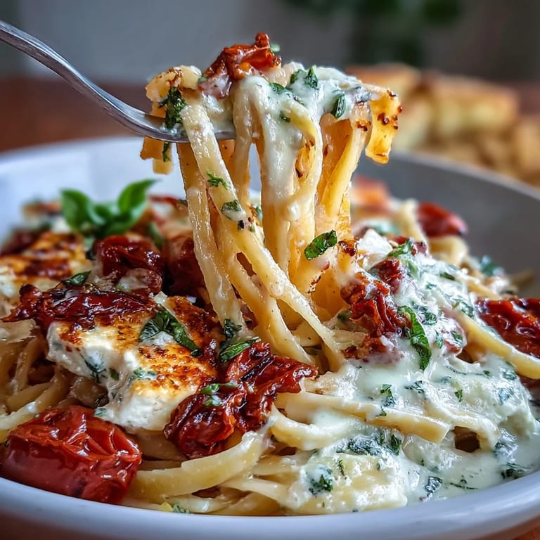 Golden baked feta pasta dish, bubbling tomatoes, fresh basil, ready to serve.