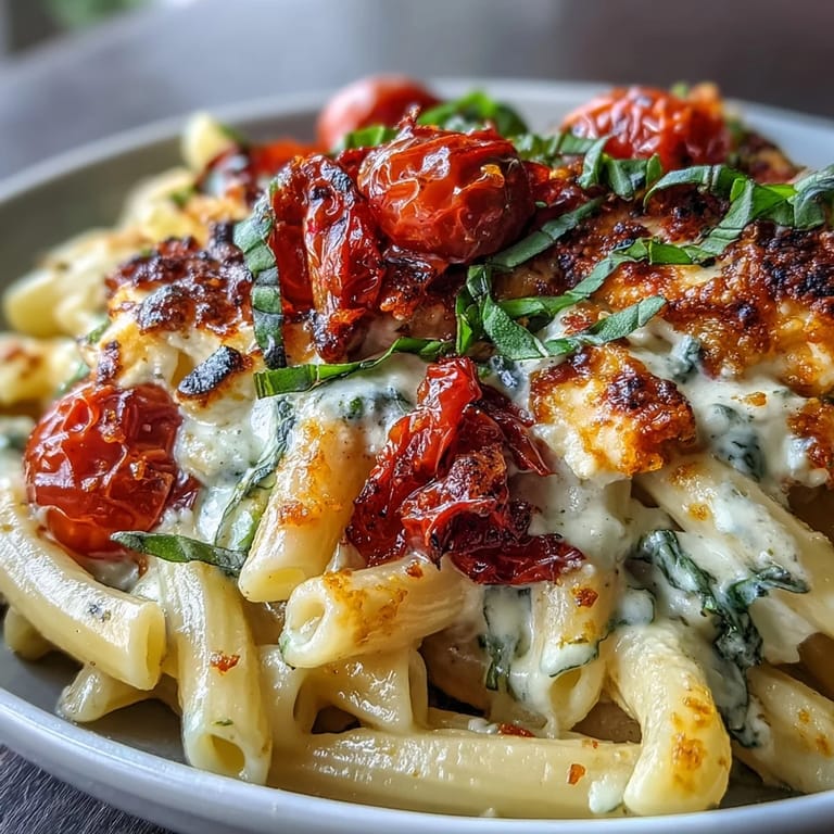 Savory Mediterranean baked feta pasta, warm, cheesy, with sweet, roasted tomatoes.