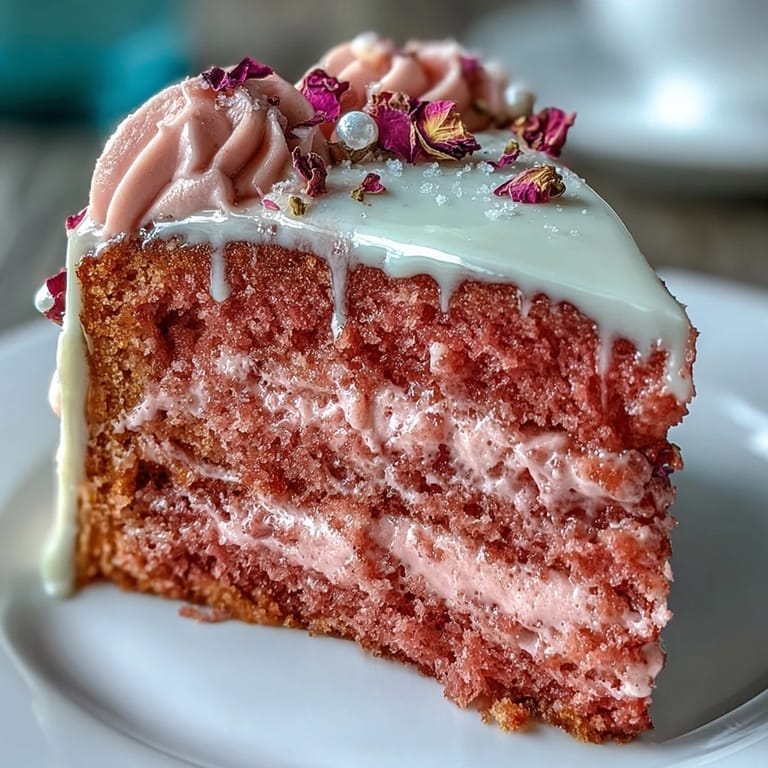 An elegant pink velvet cake infused with rosé wine and adorned with a glossy gold drip for a bridal shower.