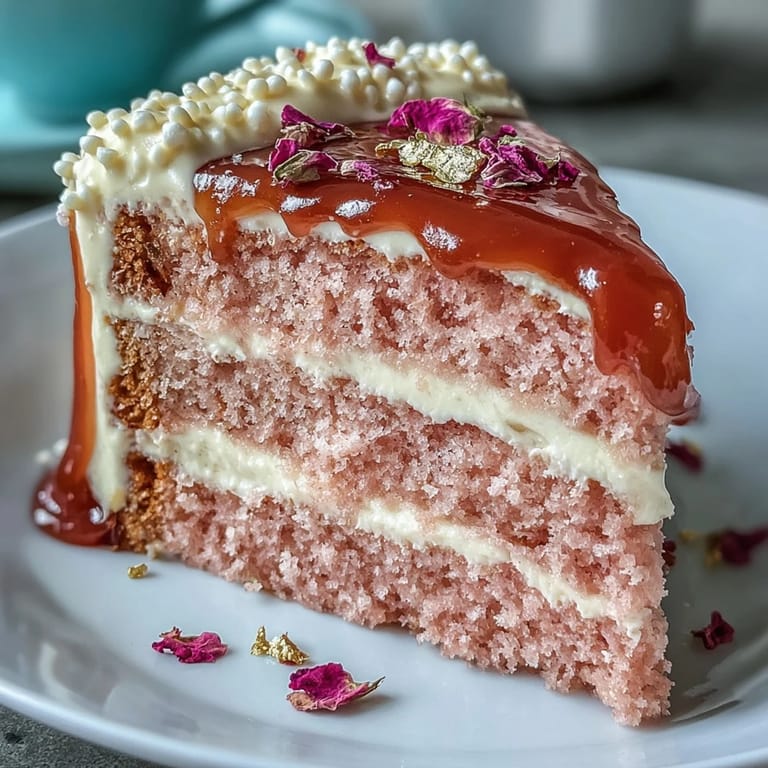 Delicate pink velvet rosé cake with rich cream cheese frosting and luxurious edible gold drip decoration.