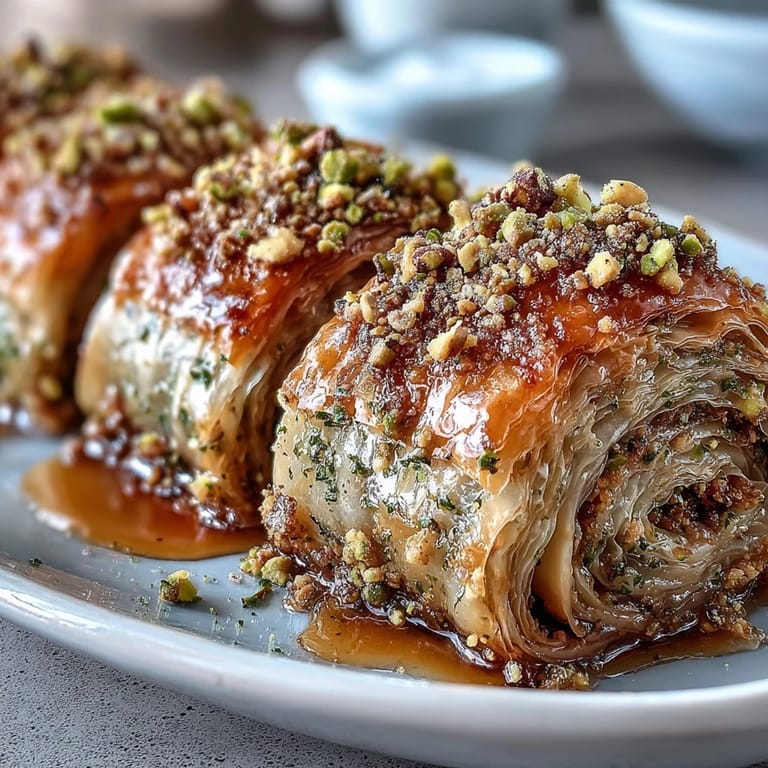 Sweet Pistachio Baklava Rolls glistening with syrup, ready to serve.