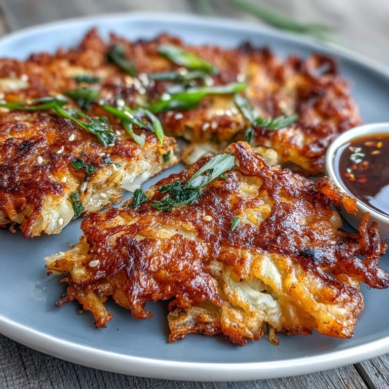 Golden, pan-fried Crispy Cabbage Kimchi Pancakes served with a side of tangy dipping sauce.