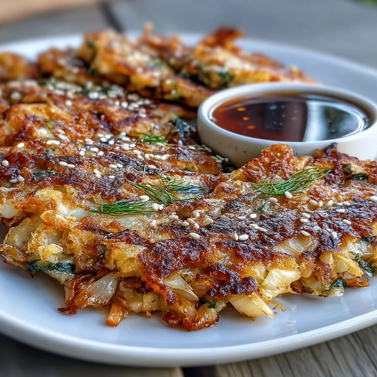 Savor these hot, crispy Crispy Cabbage Kimchi Pancakes, perfect for an easy appetizer or snack.