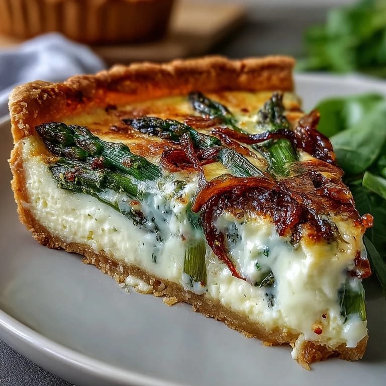 Fresh Spring Asparagus Quiche slice showing tender vegetables and flaky crust.