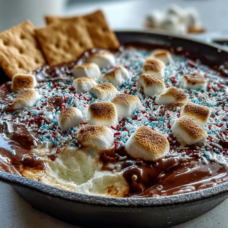 Festive 3-ingredient 4th of July S'mores Dip, bubbling and golden brown in skillet.