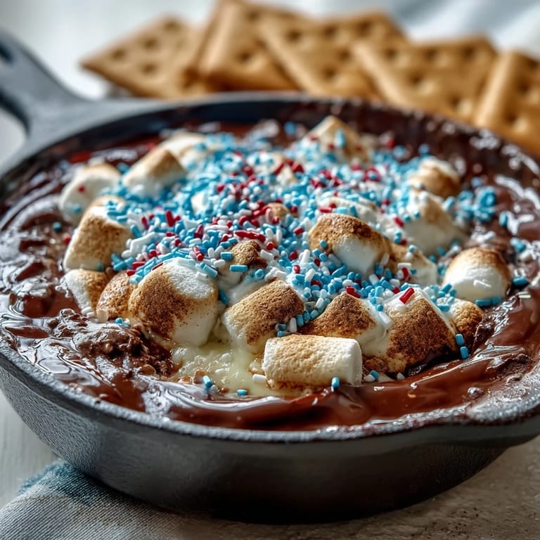 Hot, melted 4th of July S'mores Dip ready to scoop with graham crackers.