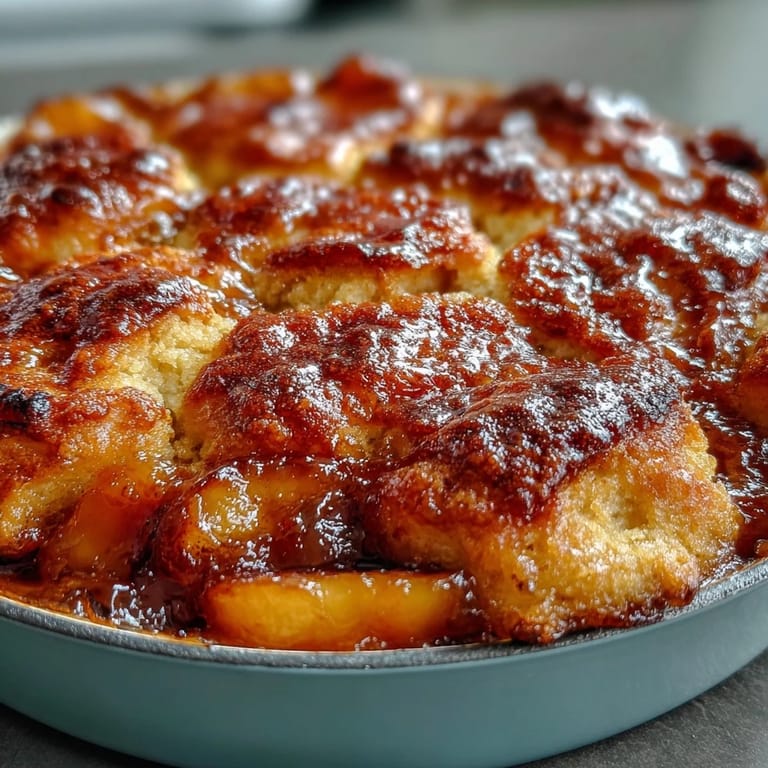 Juicy, bubbling peach cobbler with a perfectly golden biscuit topping, ready to serve.