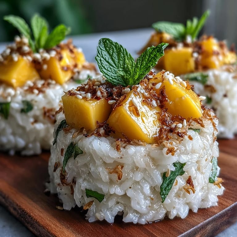 Sweet, creamy Coconut Mango Sticky Rice Cups adorned with toasted seeds.