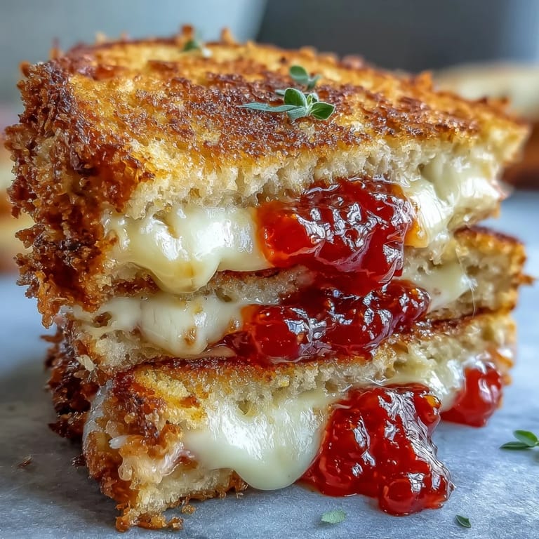 Crispy, buttery sandwich bursting with sweet and tangy tomato jam filling.