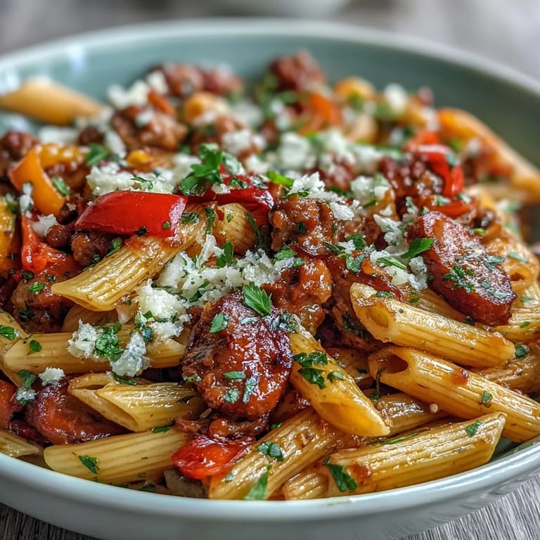 Hearty spicy sausage pasta with colorful peppers, perfect for a delightful family dinner spread.