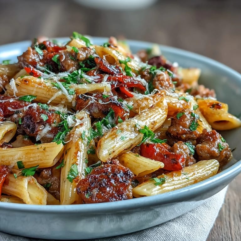 Deliciously saucy spicy sausage pasta, showcasing tender sausage and sweet, sautéed bell peppers.