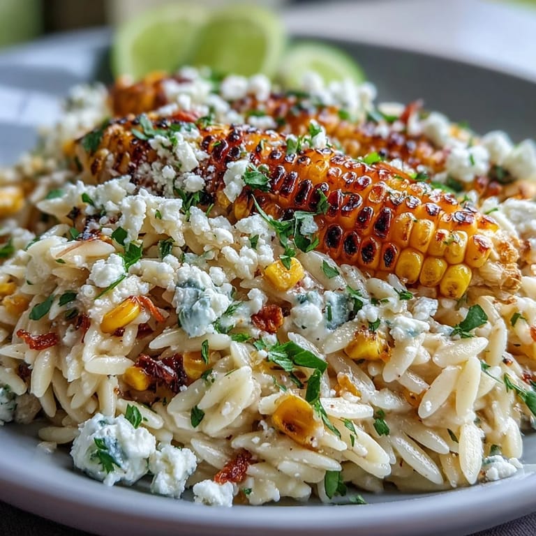 A vibrant bowl of Mexican Street Corn Orzo topped with crumbled cotija cheese goodness.