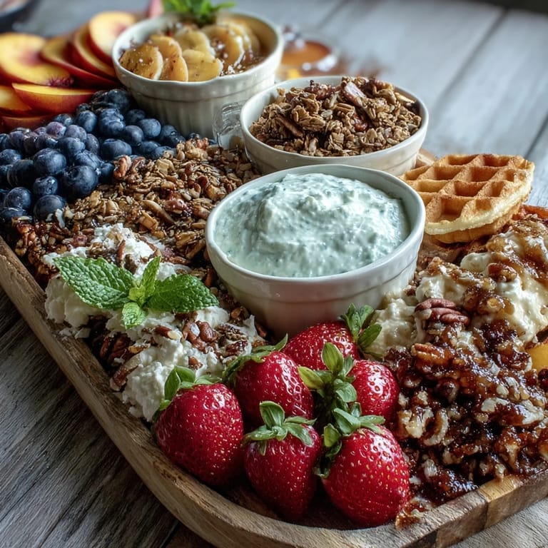 Delicious Peach Cobbler Breakfast Grazing Board, featuring golden cobbler bites and creamy yogurt.