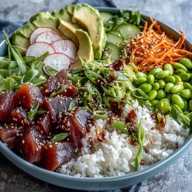 Delicious canned tuna poke bowl featuring avocado, cucumber, and sesame seeds.