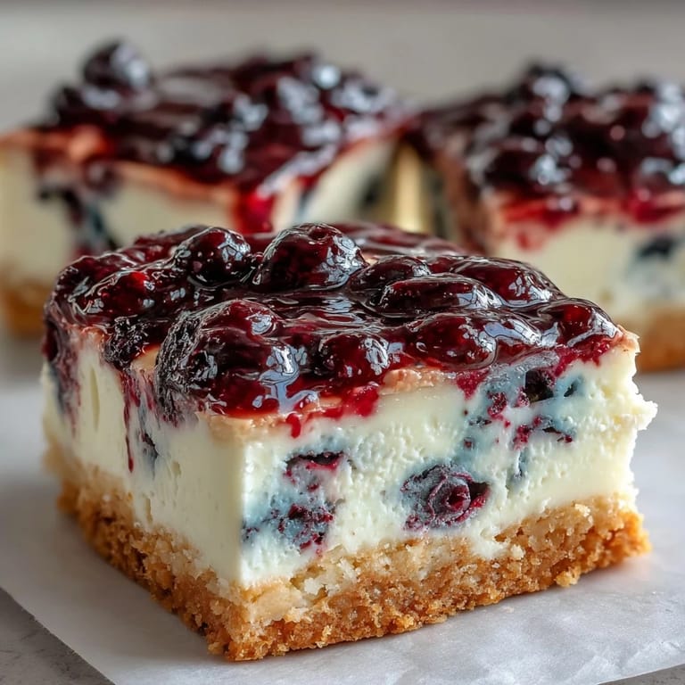 Zesty no-bake lemon blueberry cheesecake bars, chilled and ready to enjoy.