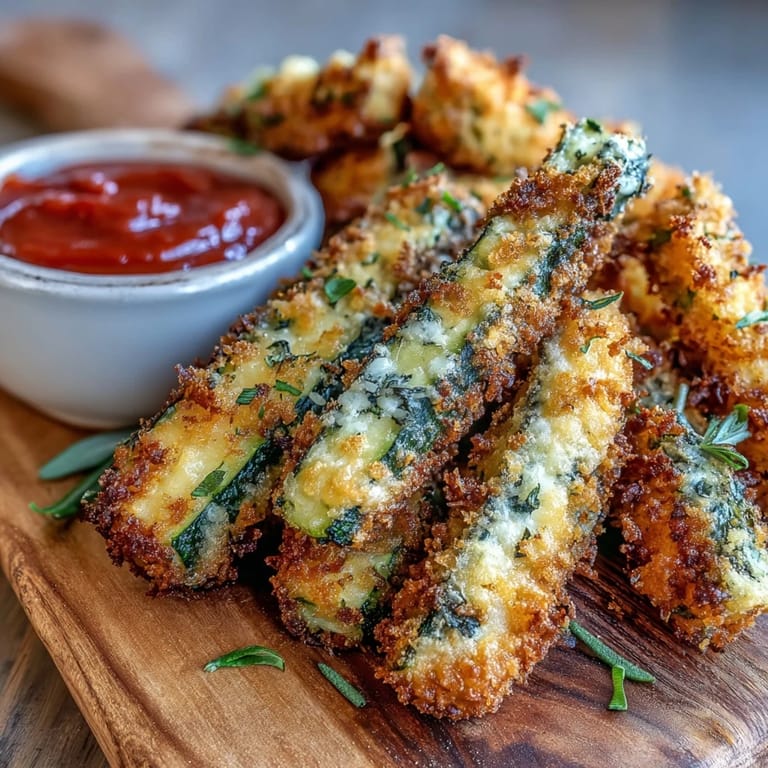 Oven-baked crispy Parmesan zucchini fries served hot with a tempting crunch.