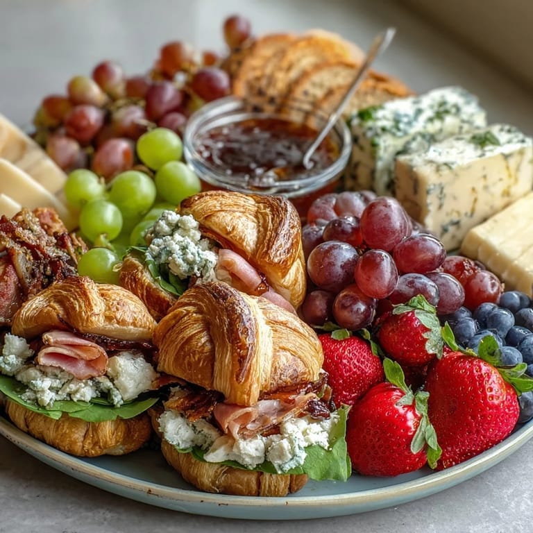Enjoy this savory breakfast grazing board with ham, egg, and cheese croissants.