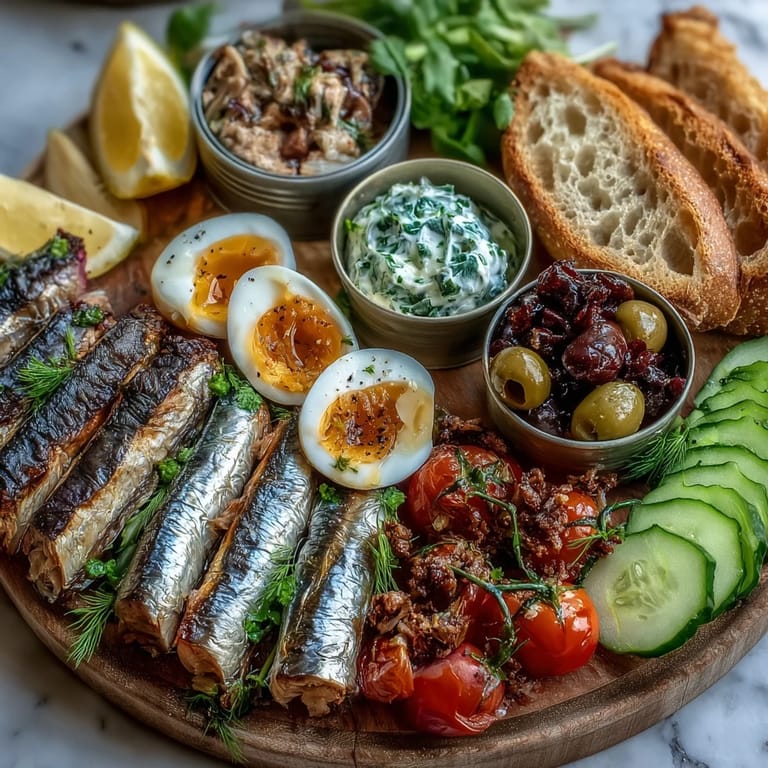 Tinned Fish Brunch Board: A beautiful spread of salty fish, bright vegetables, and perfectly cooked eggs.