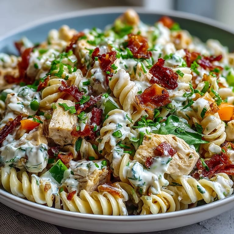 Delicious Creamy Chicken Bacon Ranch Pasta Salad featuring crispy bacon and cool cucumber.