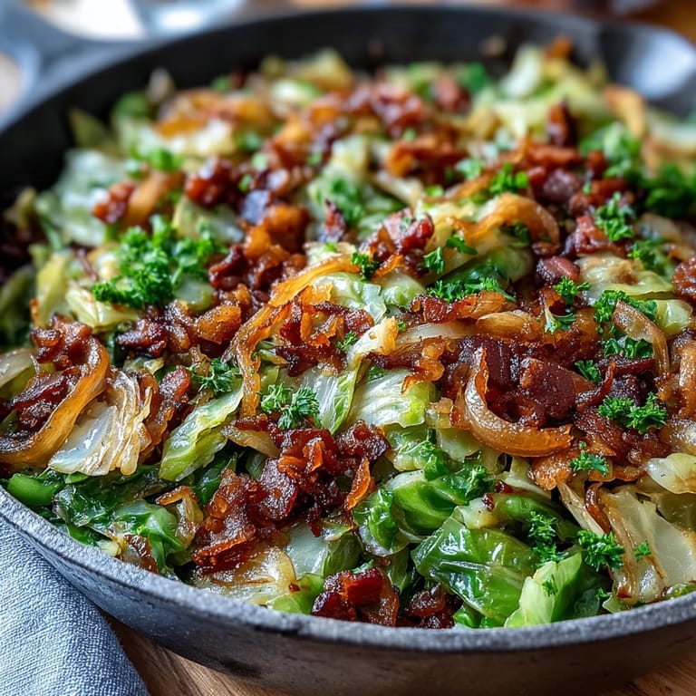 Golden-brown fried cabbage with crispy bacon and sweet caramelized onions.