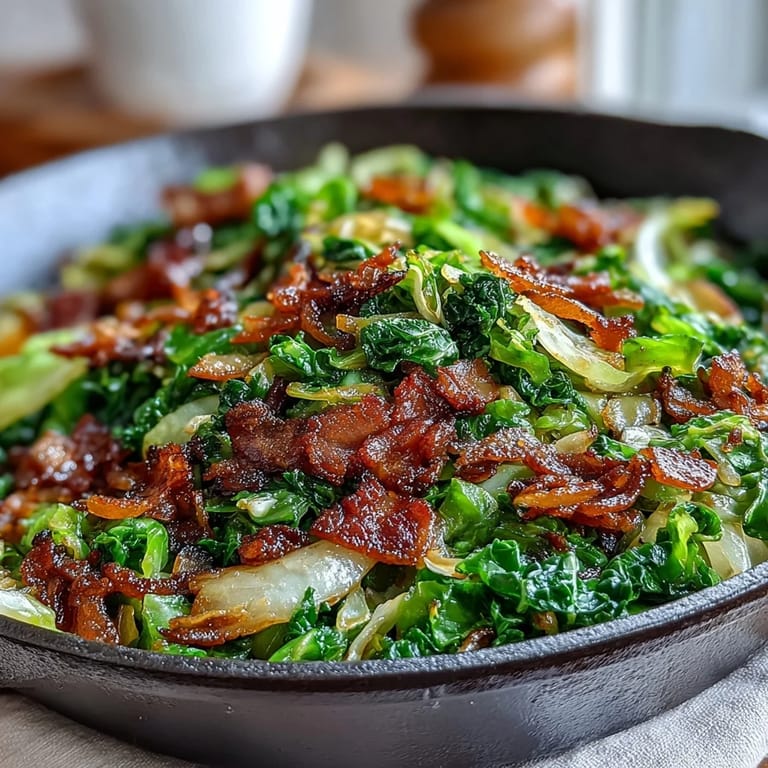 Hearty skillet fried cabbage with smoky bacon and aromatic garlic.