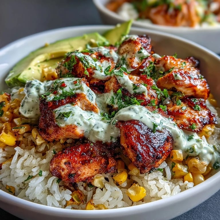 Savory spiced chicken and charred corn top fluffy rice in these delicious bowls.
