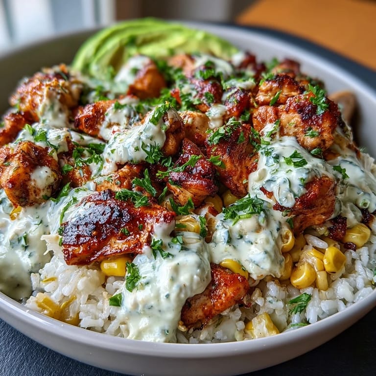 Hearty Street Corn Chicken Rice Bowls ready with fresh cilantro, avocado, and lime.