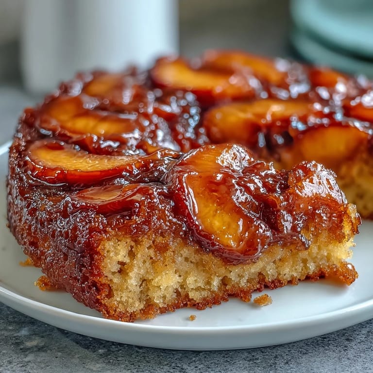 Brown Sugar Peach Upside-Down Cake, warm and delicious with juicy fruit.