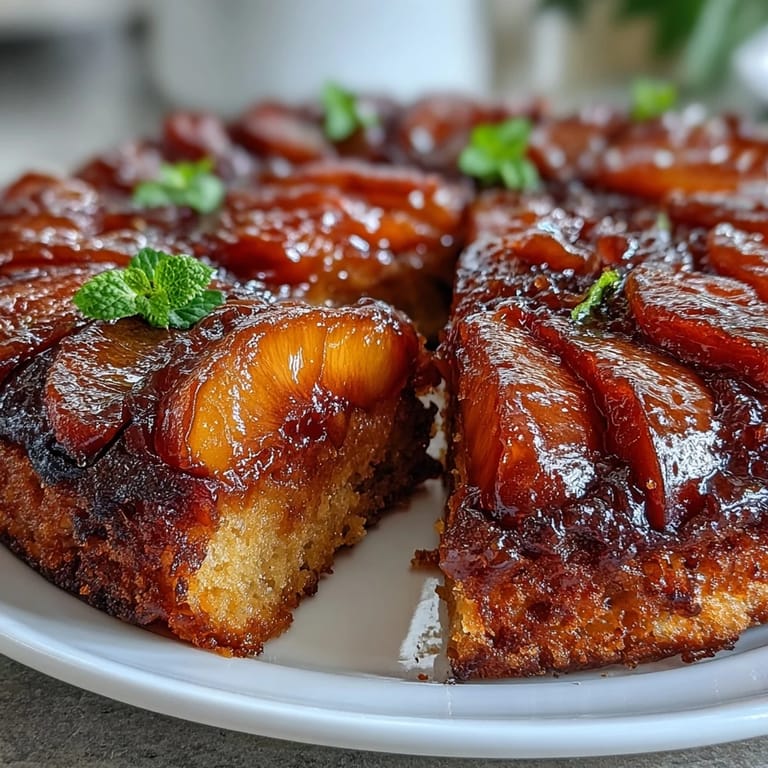 Close-up of a golden-brown Brown Sugar Peach Upside-Down Cake ready to slice.