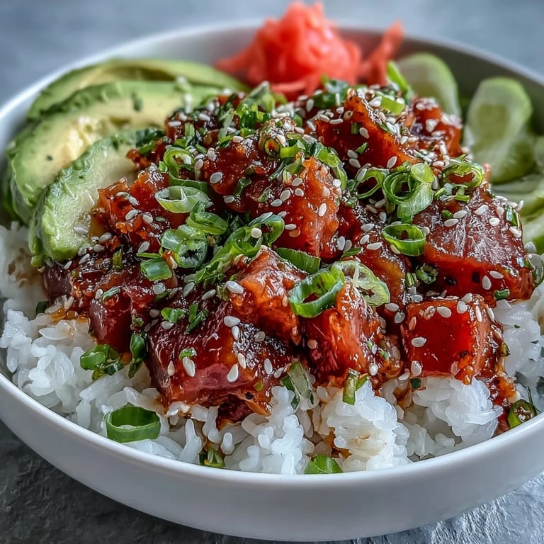 Vibrant Spicy Tuna Pickle Rice Bowl with fresh avocado, crunchy pickles, and nori.