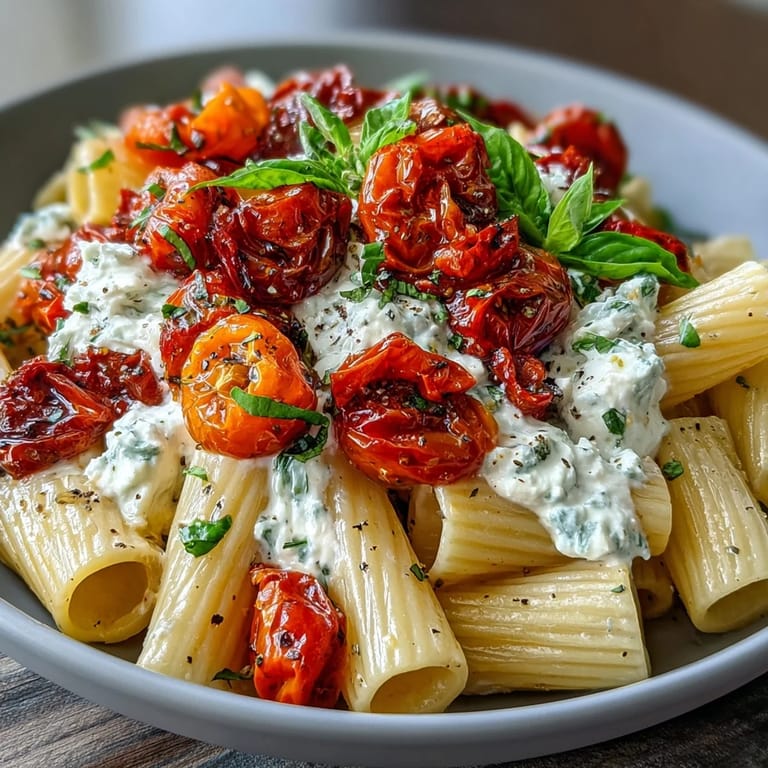 Tangy whipped feta pasta tossed with sweet, blistered tomatoes on a plate.