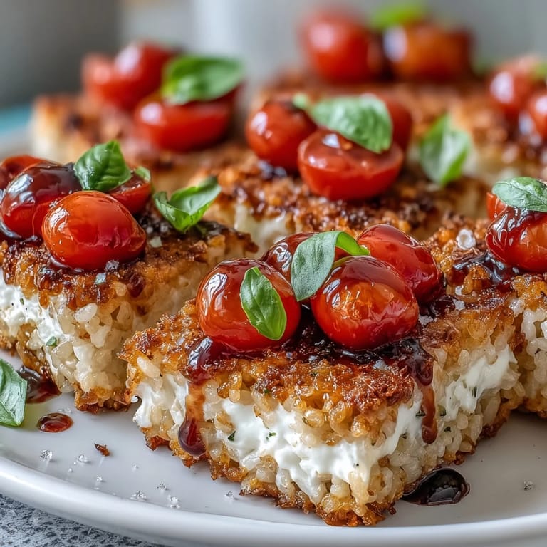Crispy Rice Caprese Bites: vibrant, bite-sized appetizers with a delightful crunchy texture.