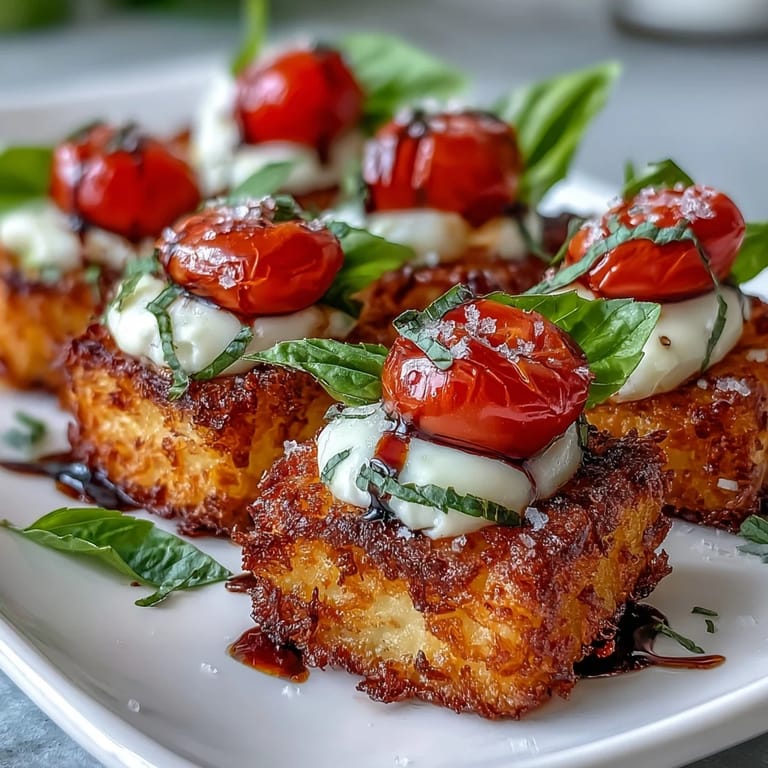 Elegant Crispy Rice Caprese Bites, perfectly seared and topped with classic Italian flavors.