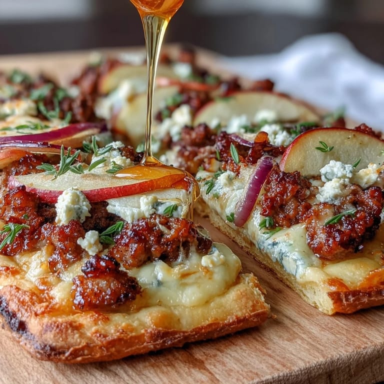 Glistening hot honey apple sausage flatbread, ready to be sliced and enjoyed.