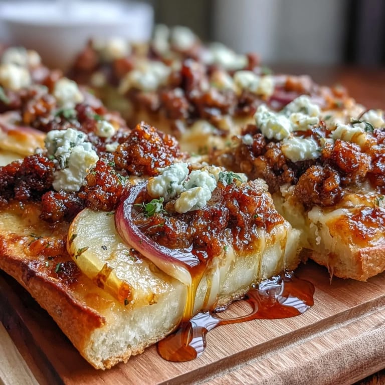 Easy hot honey apple sausage flatbread featuring caramelized apples and gooey cheese.
