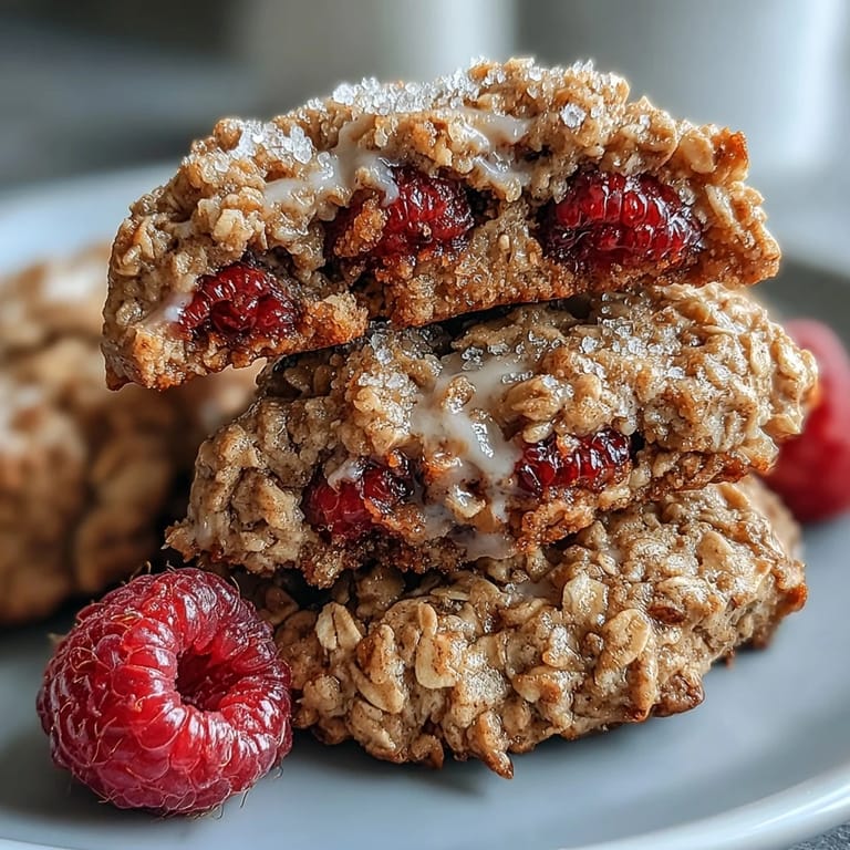 Soft Raspberry Oat Breakfast Cookies cooling on a rustic wire rack.