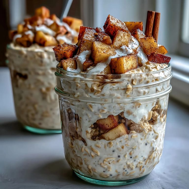 Make-ahead Apple Pie Overnight Oats featuring tender diced apples, ready for a quick morning meal.