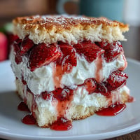 Classic Strawberry Shortcake with Biscuit Layers: golden biscuits layered with juicy strawberries and fluffy whipped cream, a perfect summer dessert.  
