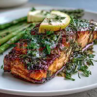 Herb roasted salmon with asparagus, tender and flaky, served with bright lemon slices and fresh dill.  