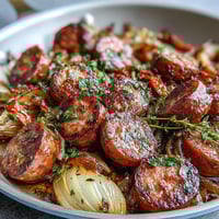 Sheet pan sausage and peppers with juicy sausages roasted alongside colorful bell peppers and caramelized onions.