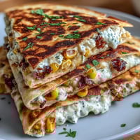 Cinco de Mayo Street Corn Quesadillas with Chipotle Crema sizzling in a skillet, golden cheese oozing out.